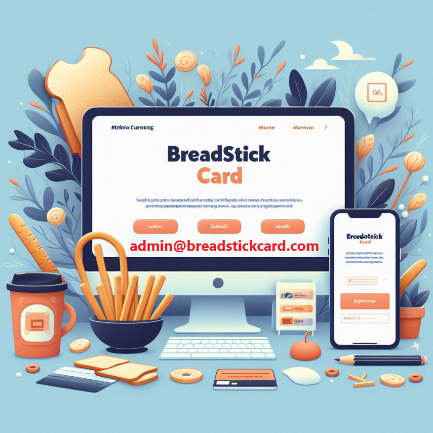 Landing page for breadstickcard.com There is a computer monitor, keyboard, and phone Also the theme incorporates breadsticks